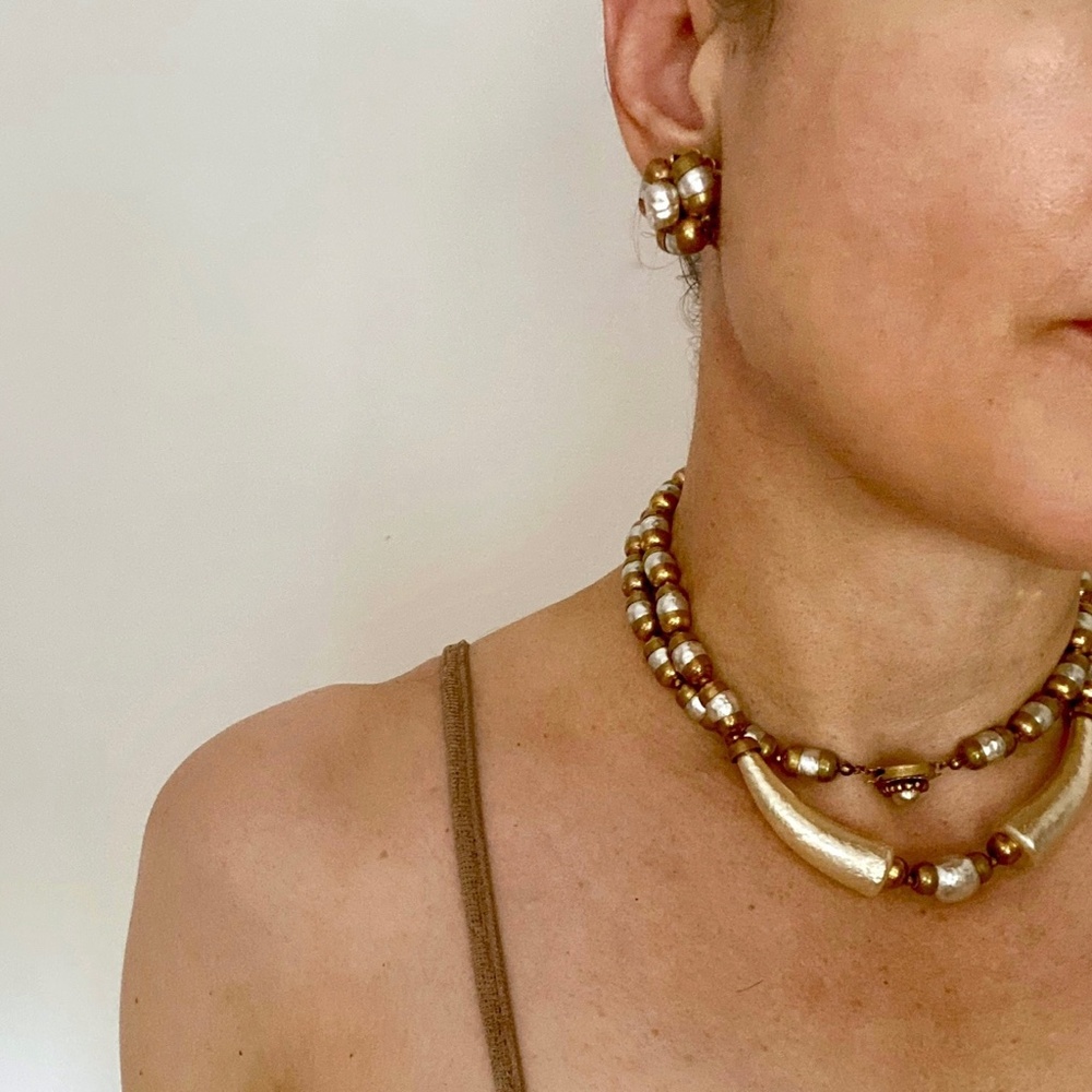 Vintage Miriam Haskell Japanese Glass Baroque Pearl Horn Necklace Earring Set